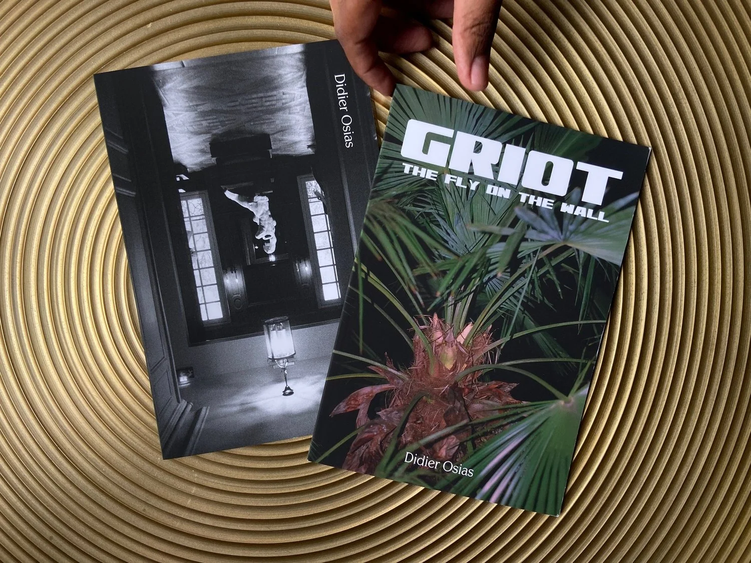 A hand reaches for Fly on the Wall, one of two books on a round patterned table
