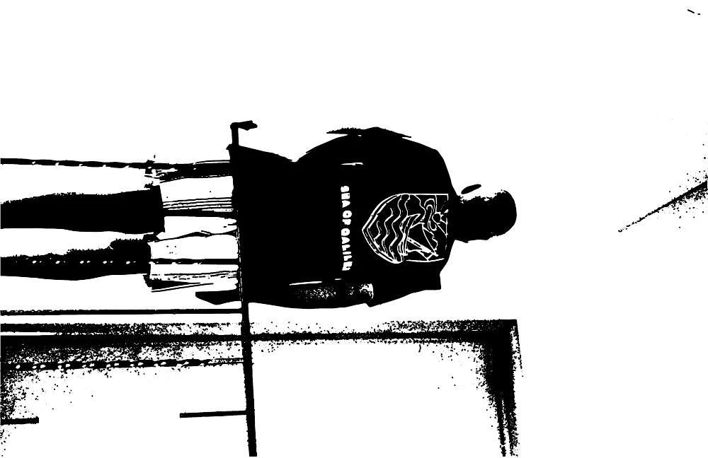 High-contrast printed image of a standing figure from Pastilles