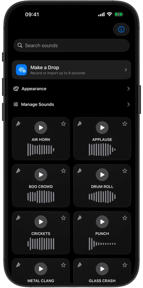 Drop Soundboard collection with sound cards and waveforms