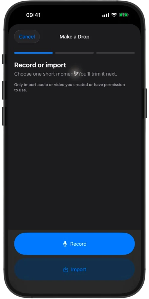 Drop Soundboard interface for recording or importing audio